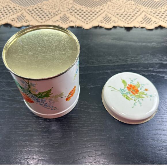 Vintage Decorative Tin- Cylinder- White Orange Blue Floral- 4x3.5" with lid - Picture 2 of 7